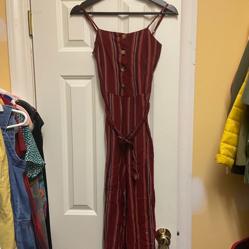 Red and burgundy striped jumpsuit